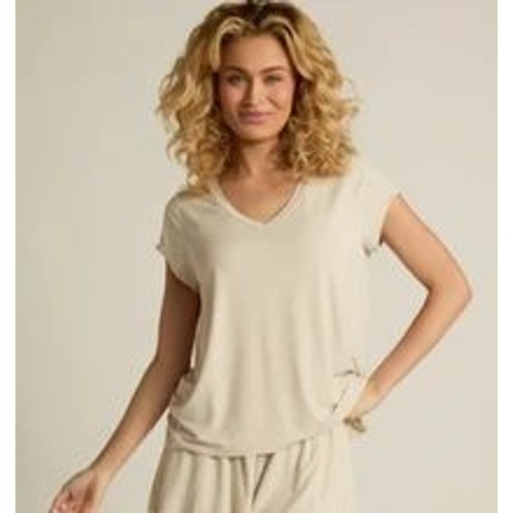 Faceplant Dreams Pajama Set Women Small Beige V-Neck Tee Wide Leg Loungewear